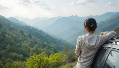 Naklejka premium Serene Mountain Vista: Woman Contemplating Panoramic Landscape from Car