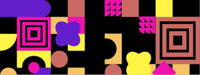 abstract colorful composition of geometric shapes and patterns against dark background, suitable for background, wallpaper, or packaging design