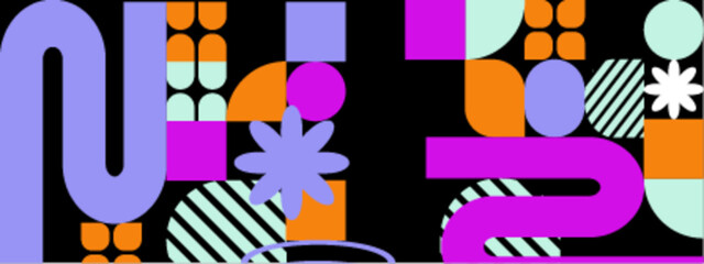 dark background with abstract colorful composition of geometric shapes and patterns, suitable for creative and decorative projects, packaging design, or wallpaper