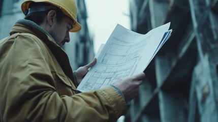 Architect reviewing blueprints on a construction site. Featuring professionalism and clarity