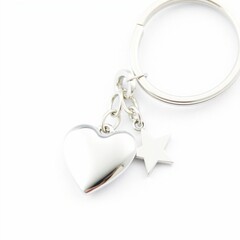 Shiny silver keychain with heart and star charms. Metal chain connects charms to keyring. Simple white background. Stylish accessory. Perfect gift for someone special.