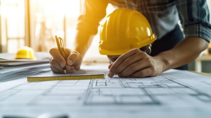 Architect reviewing building blueprints on a drafting table. Featuring focus and planning