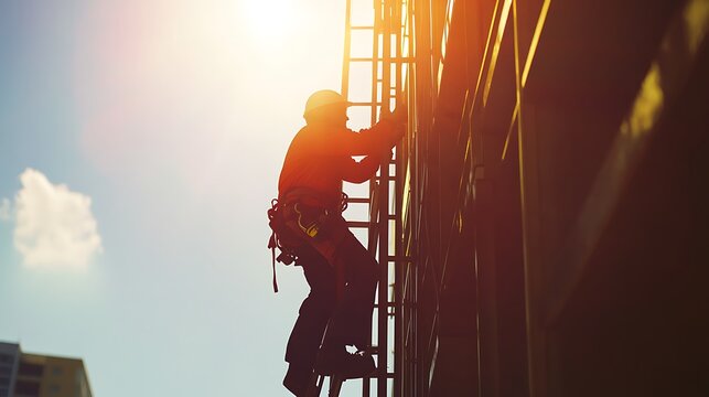 Construction Worker Ascending a Ladder on a Building