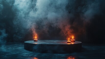 Obraz premium Black podium, dark smoke, candlelight, intimate 