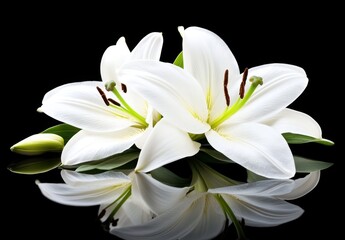 Two white lilies on black background, elegant reflection