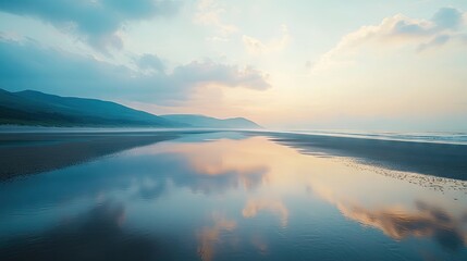 Obraz premium Serene coastal sunrise reflected in tranquil waters.