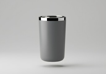 Grey tumbler mockup with silver rim on light gray background