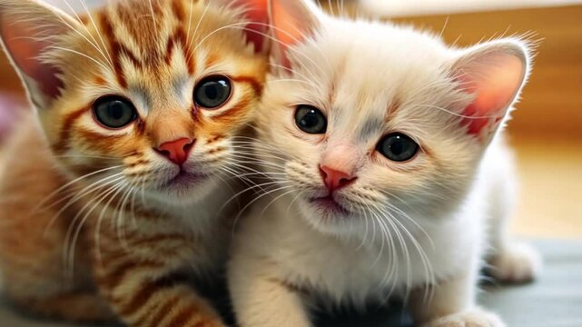 Adorable close-up of two playful kittens snuggling each other, perfect for pet or animal-themed content.