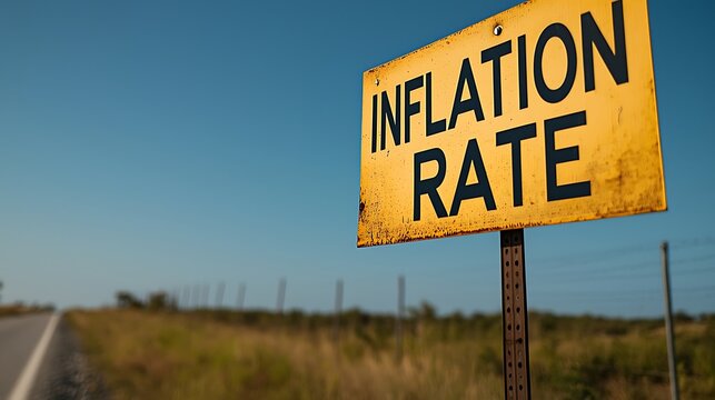 A weathered sign displays the words "INFLATION RATE" alongside a road in an open landscape, highlighting economic themes in a rural setting.