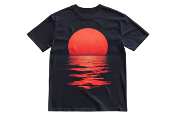 Stunning sunset ocean t shirt design vibrant red sun reflecting on calm waters dark navy tee on transparent background