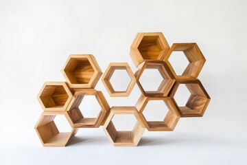 Modular geometric wooden shelving with interlocking hexagonal shapes and a modern vibe