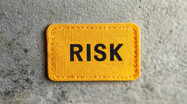 A yellow patch with the word "RISK" prominently displayed on a textured gray background, symbolizing caution or awareness.