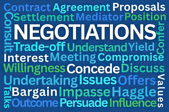 Negotiations Word Cloud on Blue Background