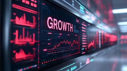 A digital display showing financial data with a focus on growth metrics, highlighted in bold, red typography against a dark background.