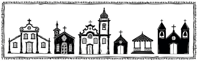 Collection of churches drawn in the style of woodcut, linocut. Old, baroque churches, typical of the interior of the country. Brazilian northeastern cordel.eps