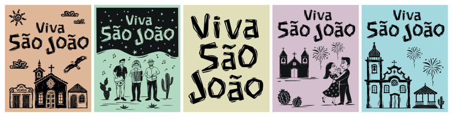 Collection of banners celebrating St. John's Day. Typical June festival in Brazil. For cards, prints, fabrics, patterns. Vector illustration in woodcut style..eps