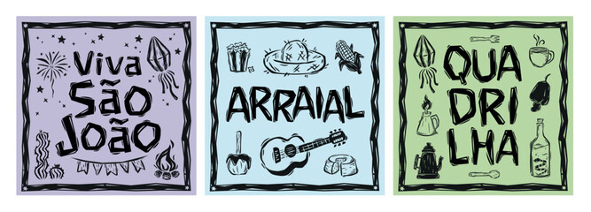 Festa de S?o Jo?o. Festa Junina posters, with isolated elements in the style of Brazilian cordel. Colorful and editable, for printing, fabric, banners.eps