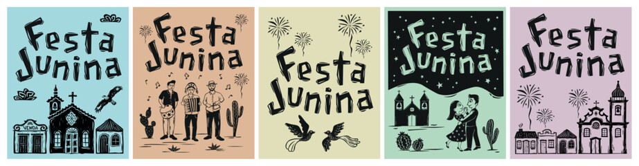 Set of posters for the June festival, a typical Brazilian holiday. In the style of the Northeastern cordel, made using the woodcut technique. .eps