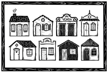 Set of typical houses from the interior of Brazil. Hand drawn in the style of cordel, woodcut and linocut. For posters, banners, cards and posts..eps