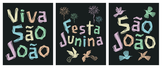 Set of posters to celebrate Saint John's Day. Cordel style, Brazilian woodcut Translation, long live Saint John, June festival, Saint John.eps