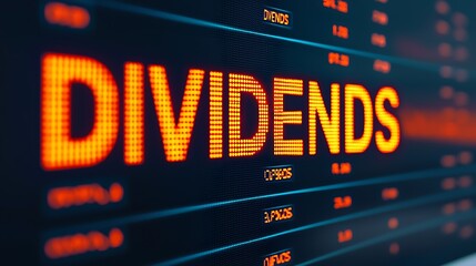 A digital display showing the word "DIVIDENDS" prominently, likely representing financial information or stock market data.