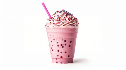 Delicious Pink Strawberry Smoothie with Whipped Cream and Sprinkles in Plastic Cup