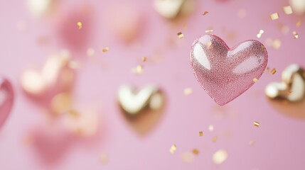 Fototapeta premium Floating Pink and Gold Hearts on a Soft Pink Backdrop for Love Themed Events and Valentine's Greetings