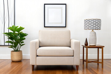 Modern living room with neutral tones, stylish armchair, and geometric artwork