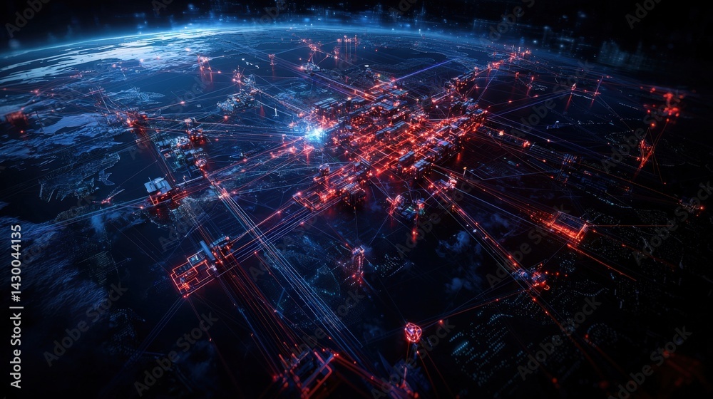 Aufkleber digital network expansion virtual world graphic visualization futuristic environment aerial view con