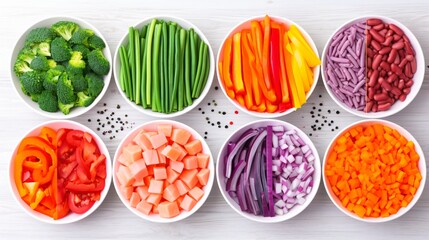 Naklejka premium Colorful Assortment of Chopped Fresh Vegetables in Bowls Top View