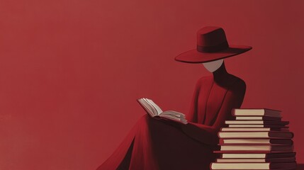 A minimalist scene featuring a faceless figure in a burgundy outfit and hat, seated beside a stack of books against a matching red background, evoking elegance and intrigue.