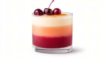 Layered Dessert Drink with Cherries Creamy Texture Three Colored Cocktail