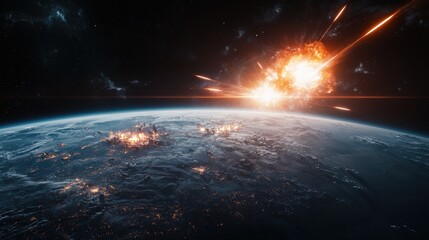 Obraz premium Planet earth under attack catastrophic meteor strike visualized from space sci-fi environment dramatic viewpoint