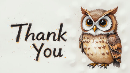 Charming illustration of an owl accompanying a heartfelt 'Thank You' message, perfect for greeting cards and appreciation designs.