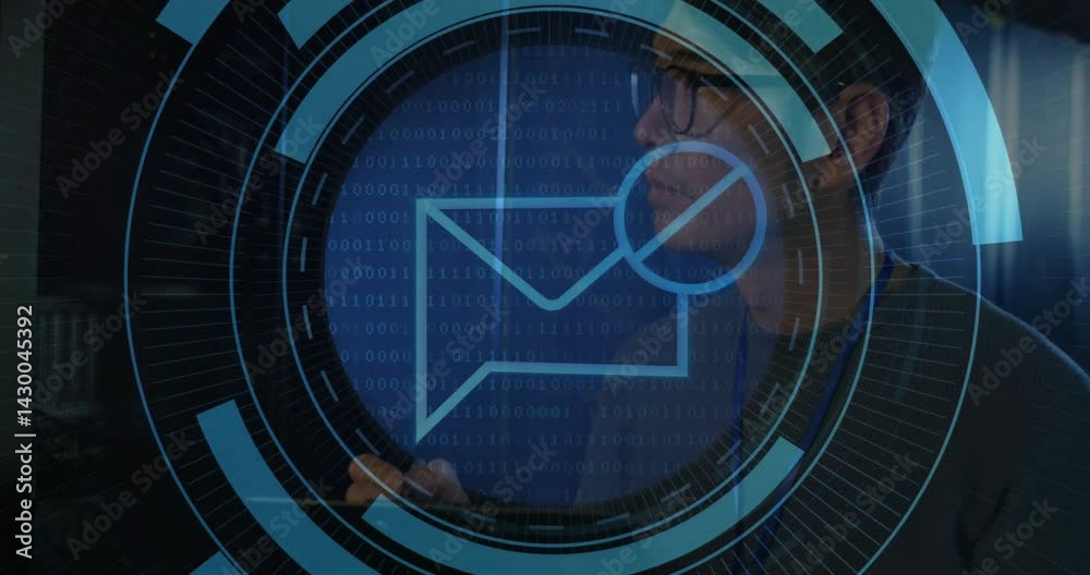Poster IT professional examining binary code and envelope icon with magnifier icon in technology hub