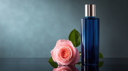Aesthetic blue bottle with rose beside, glowing reflection on a dark studio tabletop