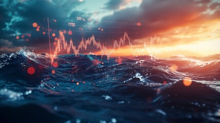 Abstract Ocean Waves Sunset with Glowing Data Charts