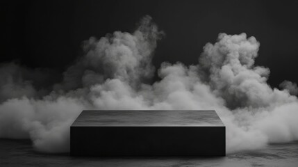 Black podium, dark smoke, isometric view, technical