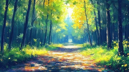 Fototapeta premium Sunlight streams through a vibrant autumn forest path.