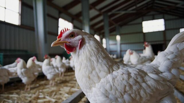 poultry farming, white breed chickens sitting in rows on roosts,
