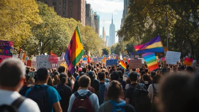 Pride March: A vibrant and diverse gathering of people march with colorful pride flags, united in solidarity and joy, with a sense of hope for the future, expressing their commitment to equality.