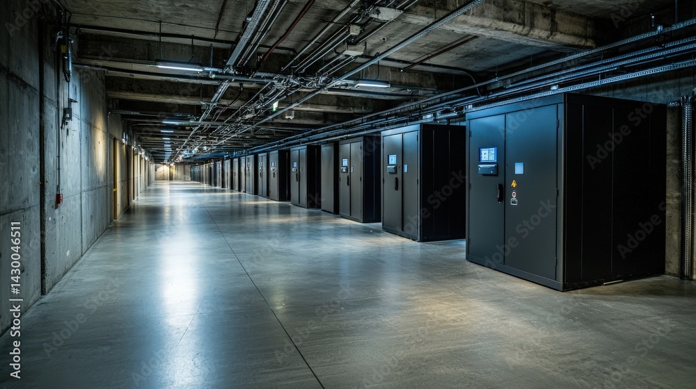Poster data center operations modern facility infrastructure overview industrial environment wide-angle vie
