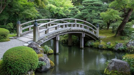 Fototapeta premium A wooden bridge spanning a tranquil stream, with moss-covered stones lining the water's edge.