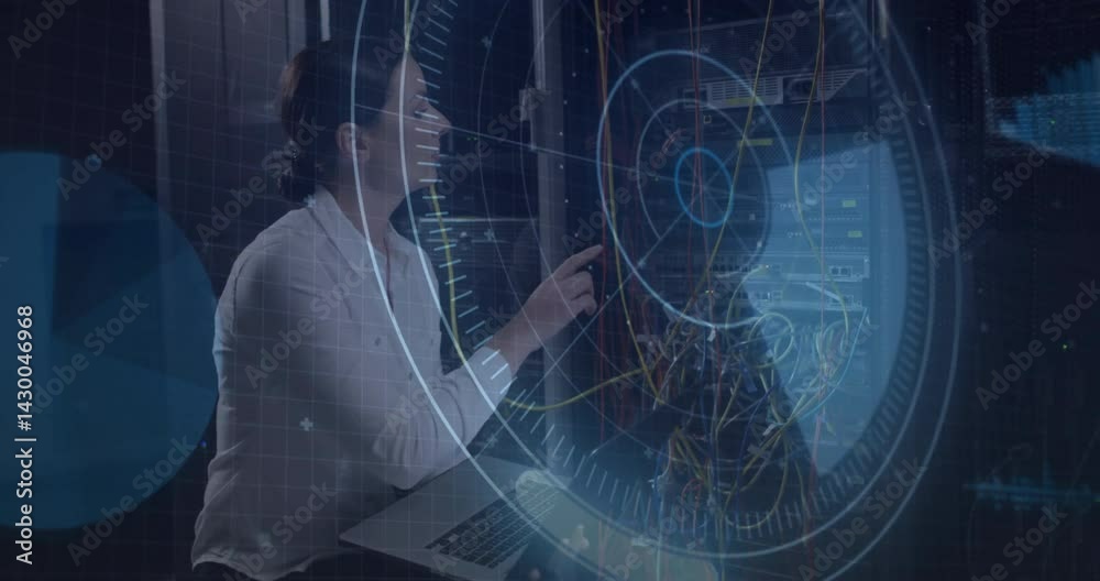 Poster it technician pointing network cables in data center, using hud elements and data visualization