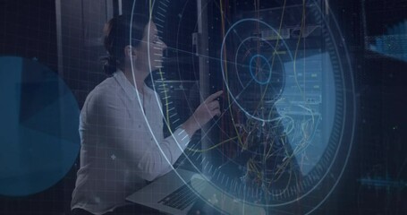 IT technician pointing network cables in data center, using HUD elements and data visualization - Powered by Adobe