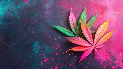 Vivid digital art of cannabis leaf in teal and pink gradients on dark textured background
