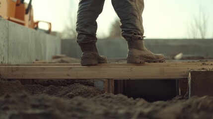 Builder securing foundation beams at a building site. Featuring precision and planning