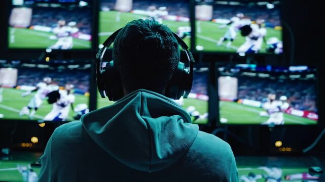 Back view of a man wearing headphones, monitoring multiple sports screens in a control room, focused on live football games.
 - Powered by Adobe
