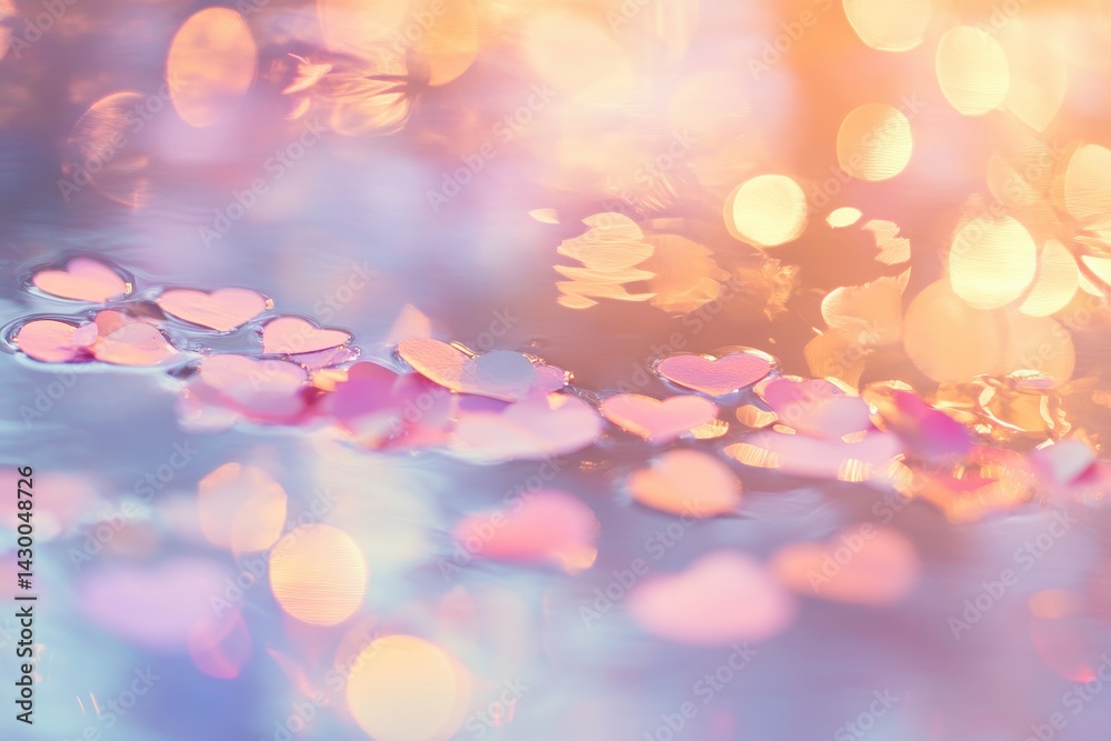 Poster pink hearts floating on water with soft light and bokeh