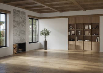 A stylish living room interior featuring modern designer furniture and elegant accessories, rendered in 3D	